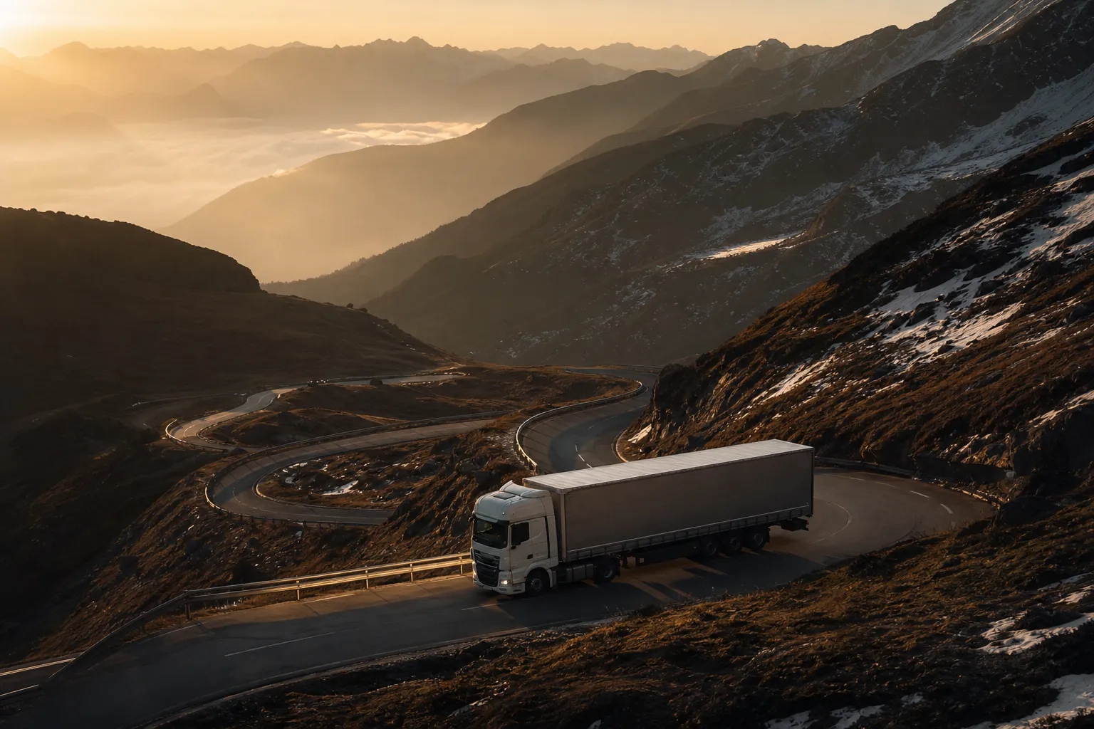 Curtain-side trailer climbing an alpine pass above the morning mist