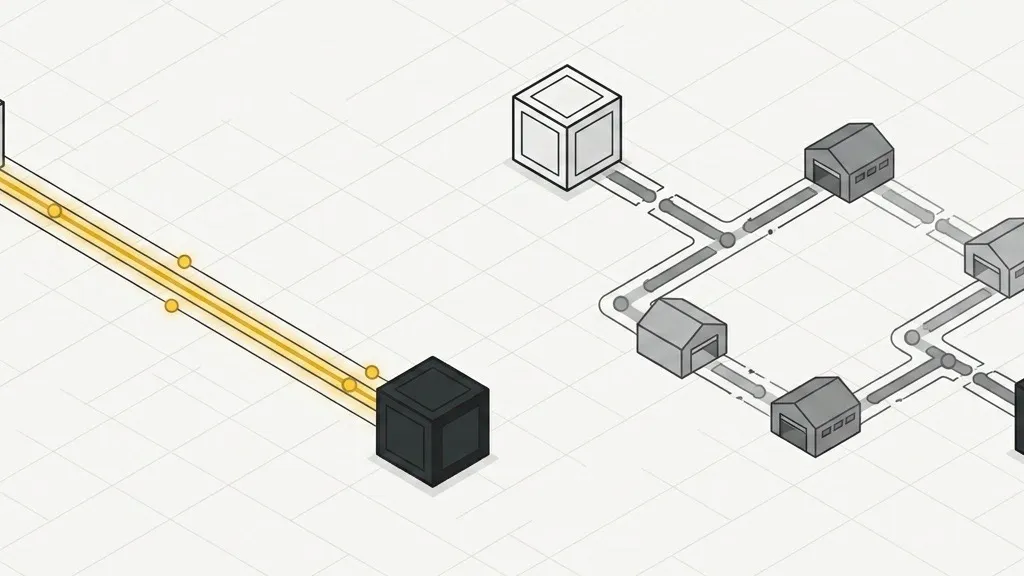 Two candidate routes side by side, one continuous and direct, one interrupted by several transfer nodes