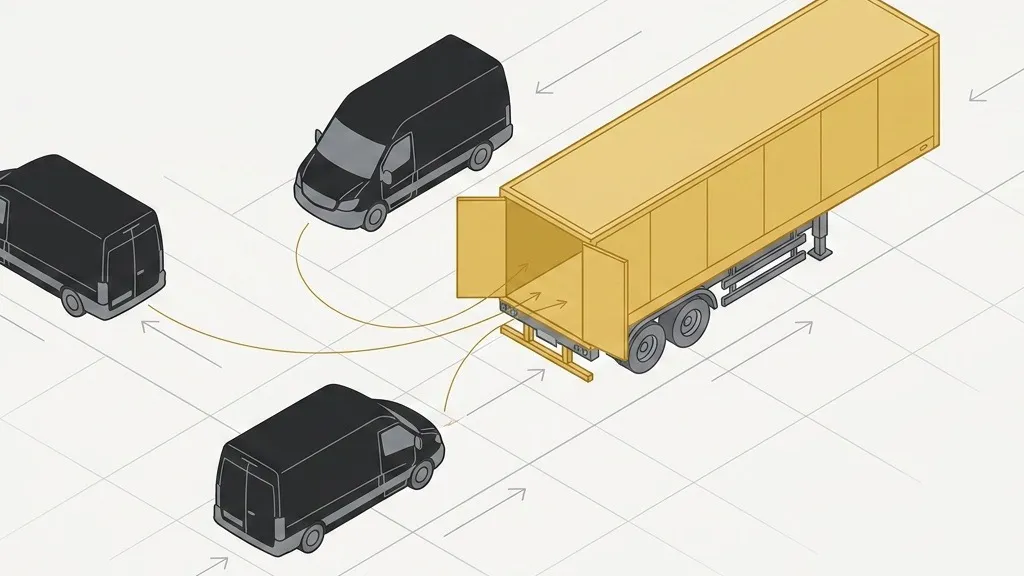 One large trailer being filled from three separate smaller delivery vans converging on it