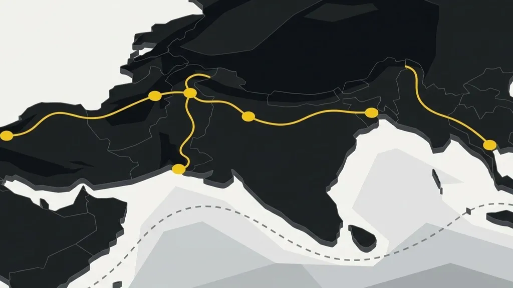 An overland route drawn as a continuous line from west to east across a flat relief, with a sea route shown separately