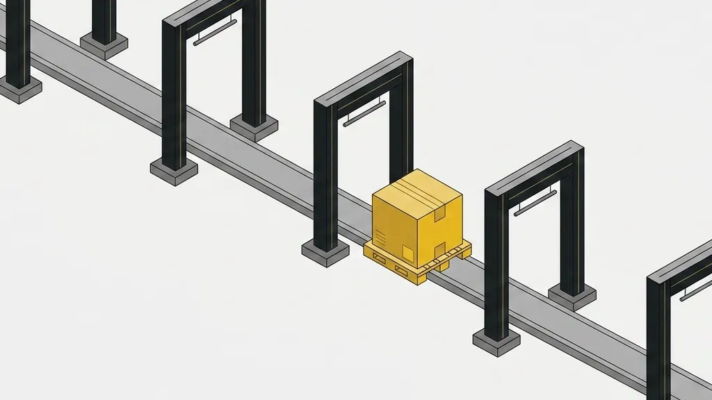 A consignment moving through five marked gates in a row from left to right
