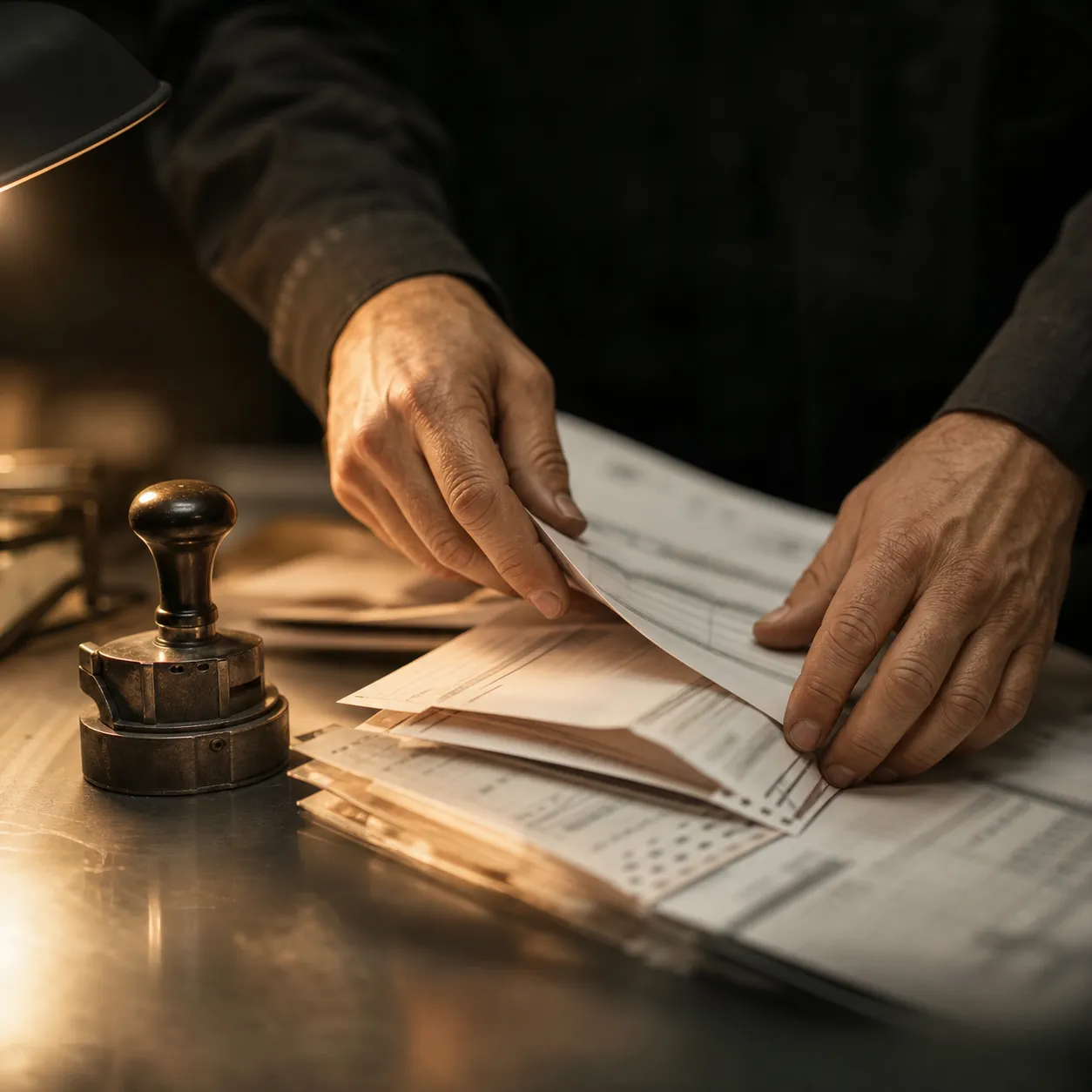 Customs declaration and transport documents being sorted at a desk
