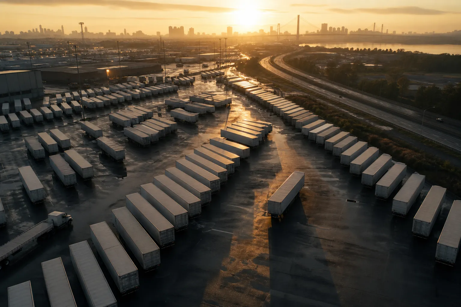 Rows of curtain-side trailers at an international freight terminal at sunrise