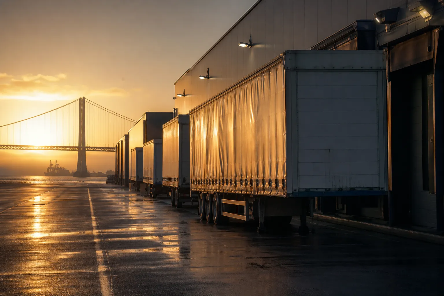 Freight terminal with curtain-side trailers at the loading bays