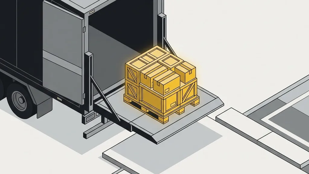 Goods being lowered from the rear of a trailer onto the ground at a destination yard