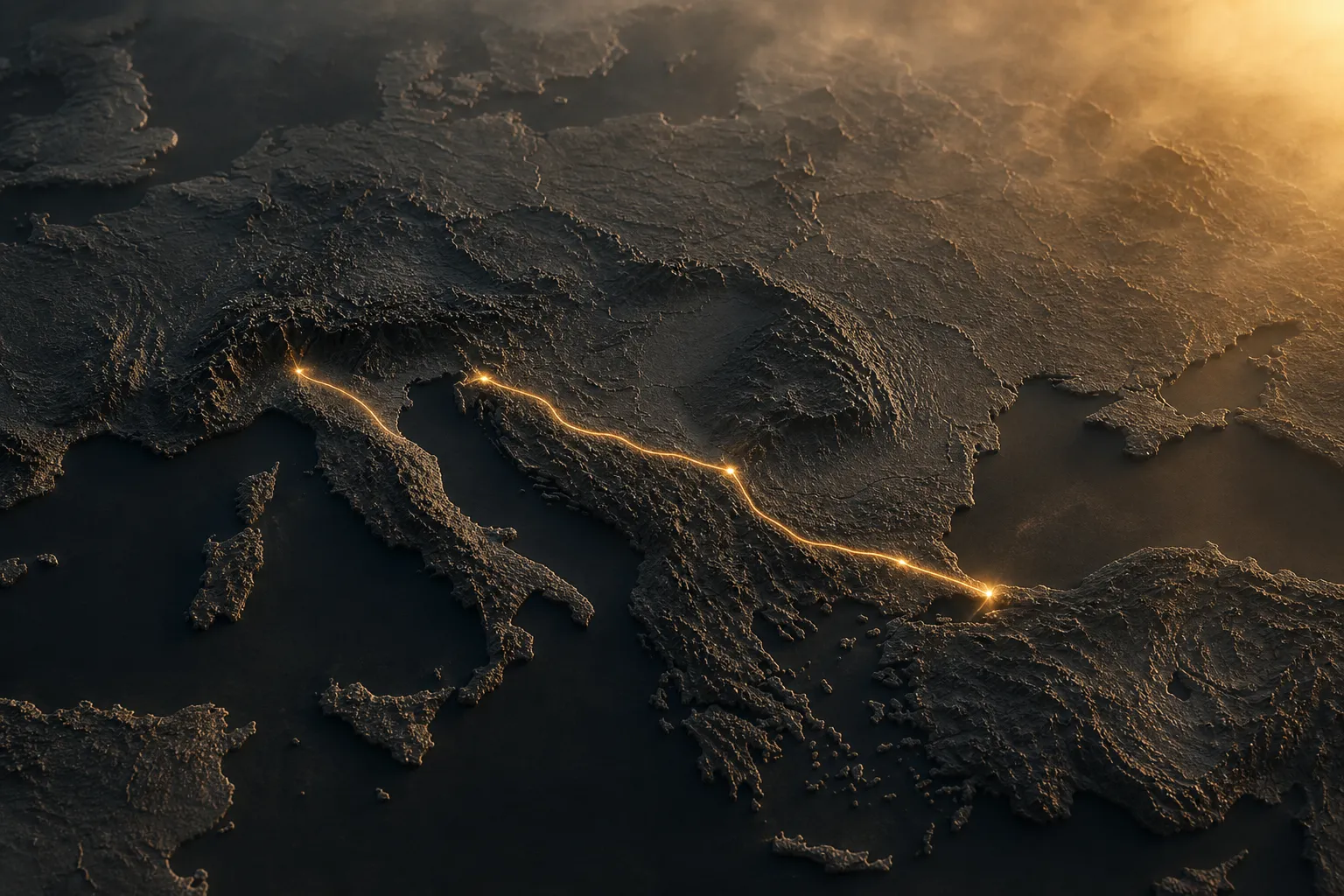 Dark relief map of Europe and Anatolia with a golden corridor line from northern Italy to the Bosphorus