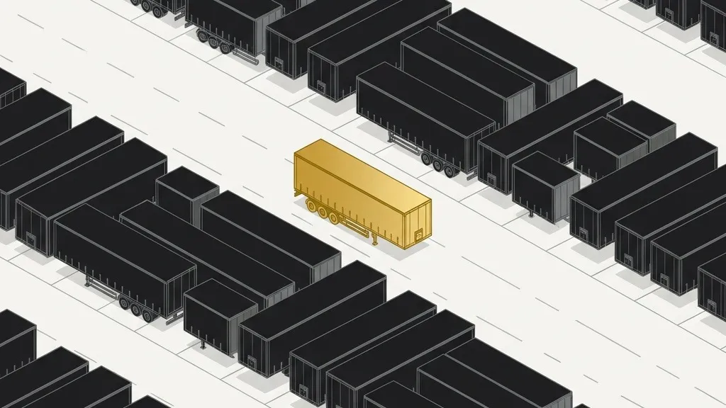 Aerial view of curtain-side trailers parked in a strict grid across a terminal yard, one accented in gold