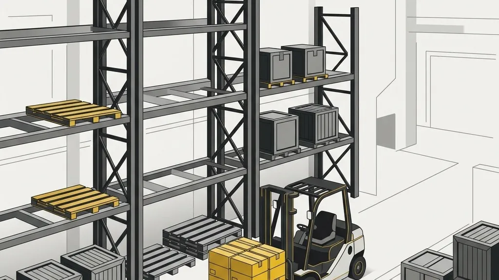Interior of a consolidation warehouse with high racking and a forklift moving a pallet