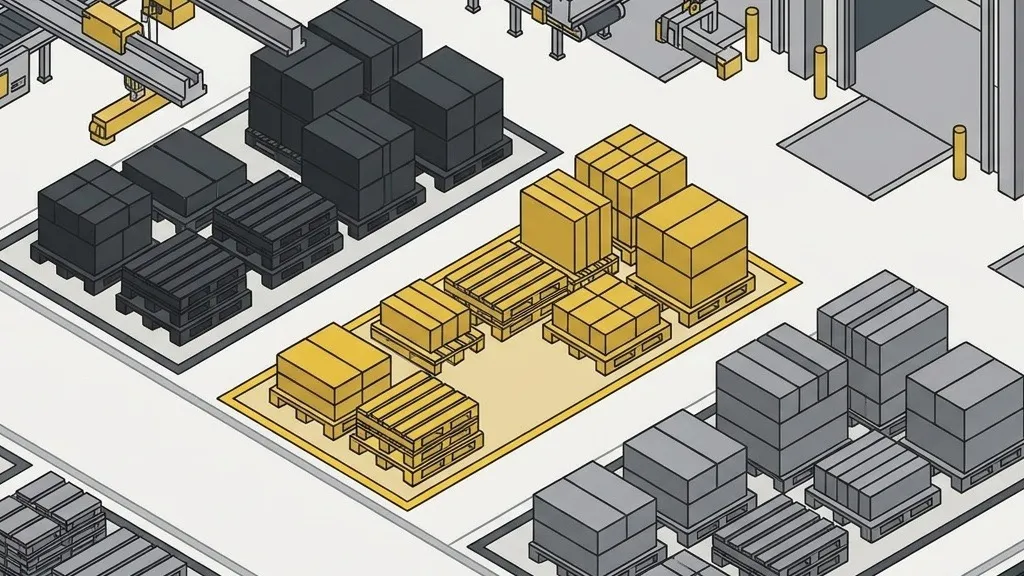 Consolidation terminal with pallets from several shippers staged in marked floor bays before loading