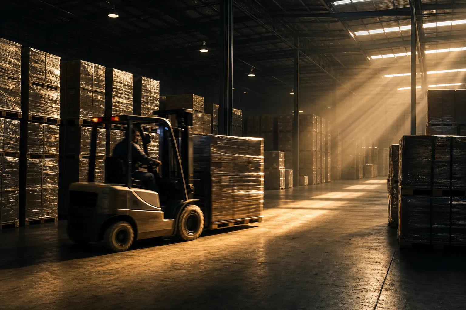 Groupage consignments being consolidated at a terminal, forklift moving palletised goods