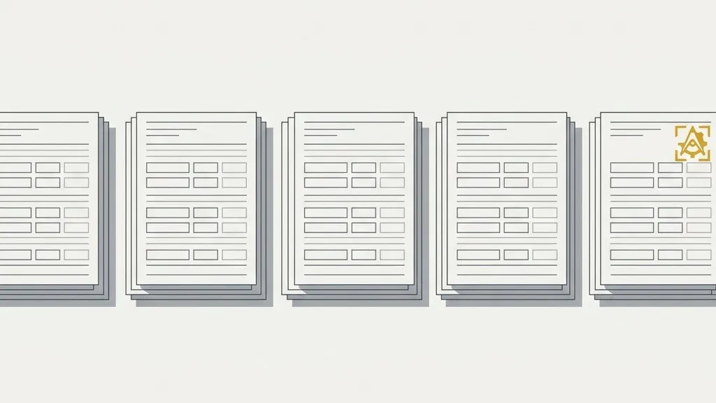 Five separate document sets laid out in a row, one bearing a stamp