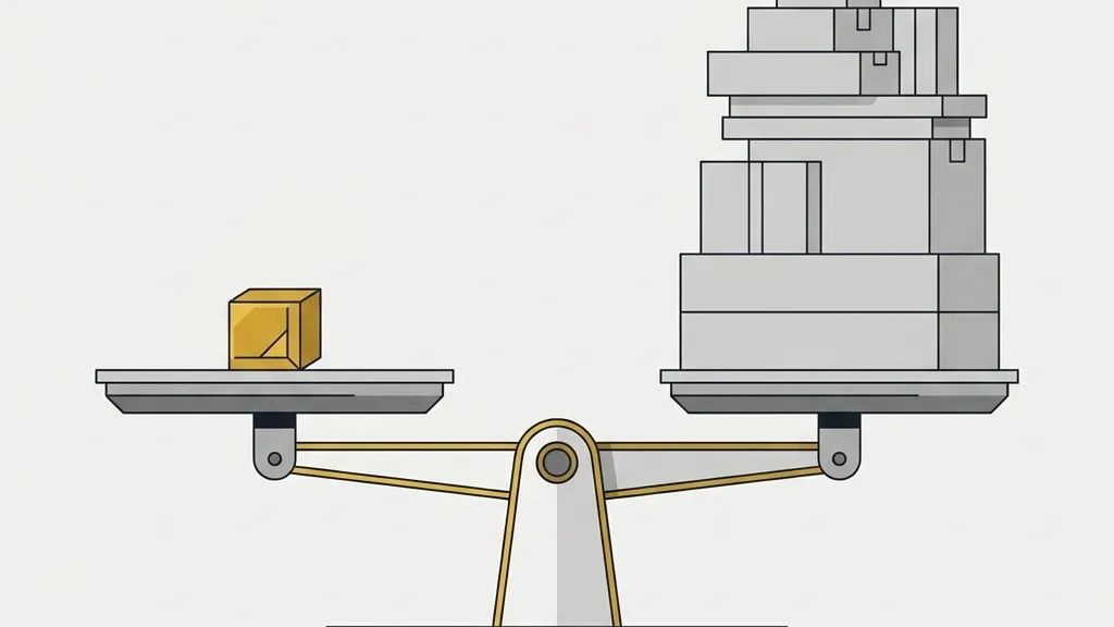 A balance scale: a small dense block on one pan, a large stack of light boxes on the other