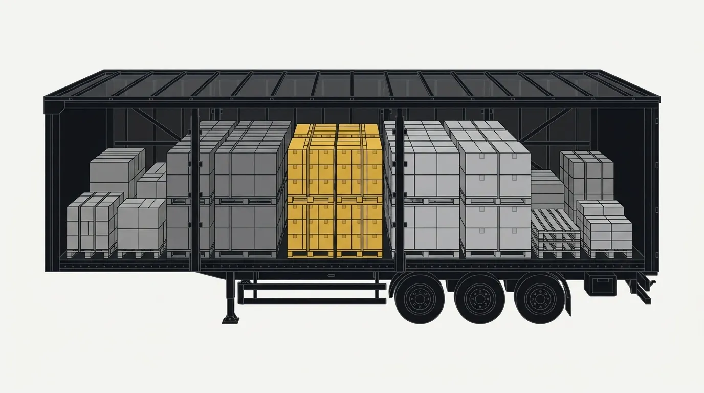 Cutaway of a curtain-side trailer loaded with pallets from several shippers, one consignment highlighted