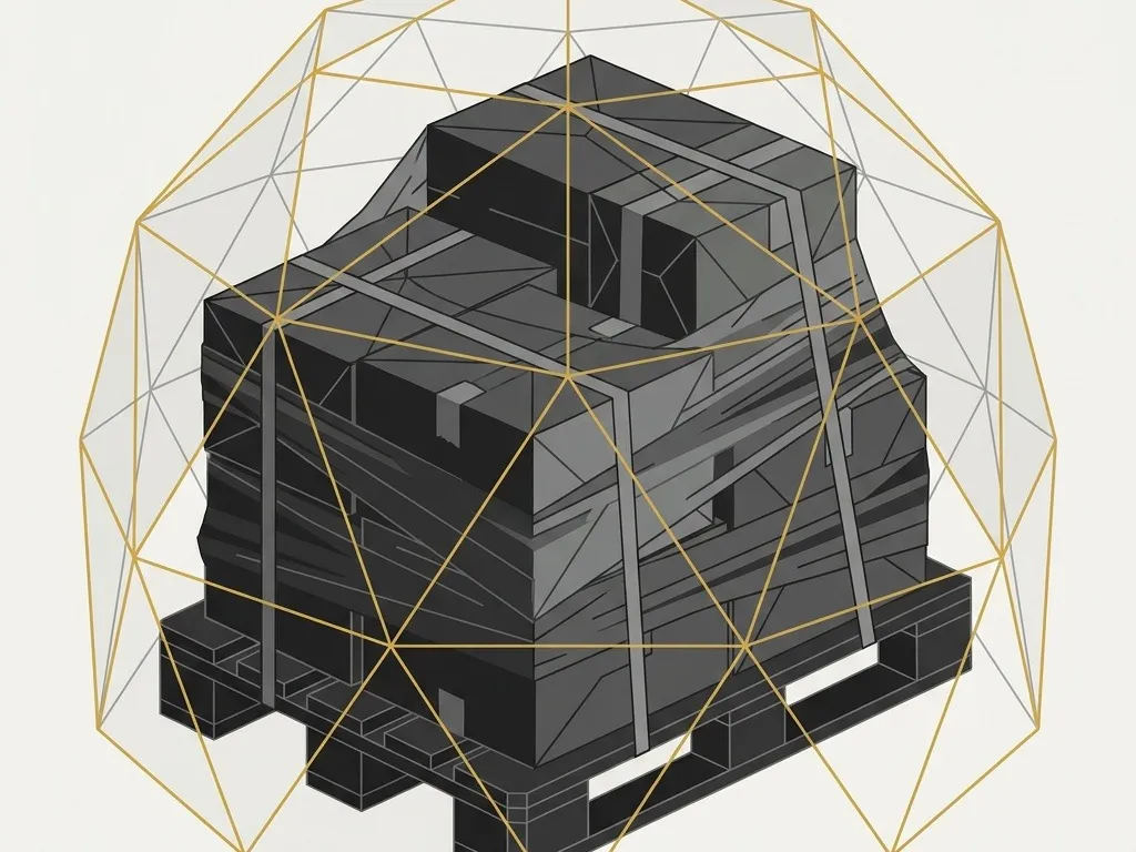 A wrapped pallet enclosed in a protective geometric dome