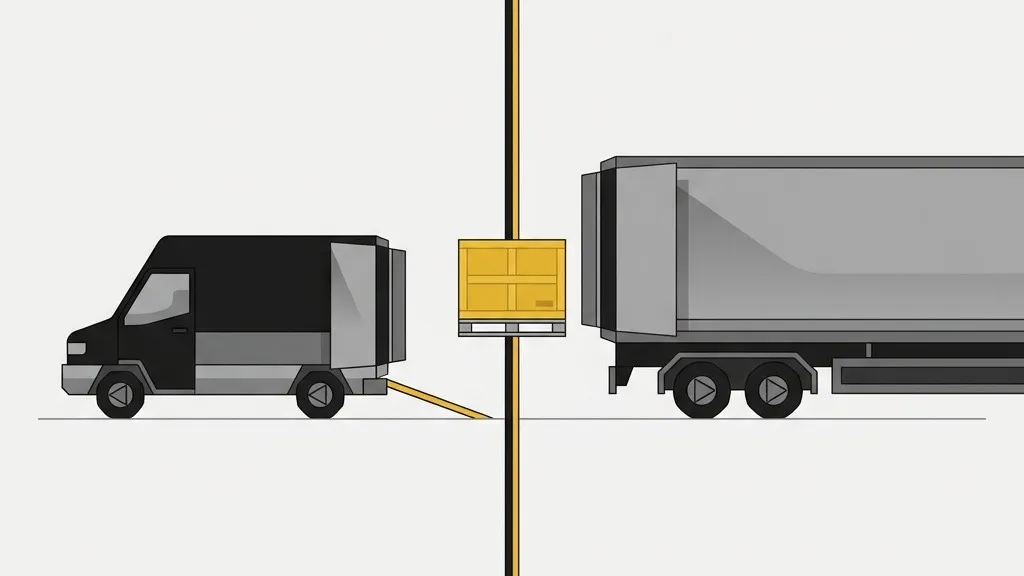 A collection van handing a single pallet to a line-haul trailer, the moment of transfer marked by a vertical line